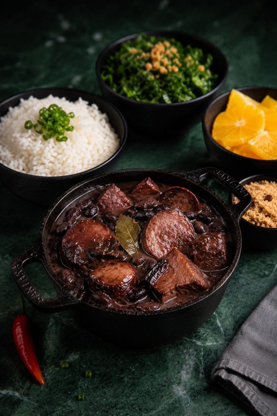 Feijoada Gards em panela de ferro com arroz, couve, laranja e farofa